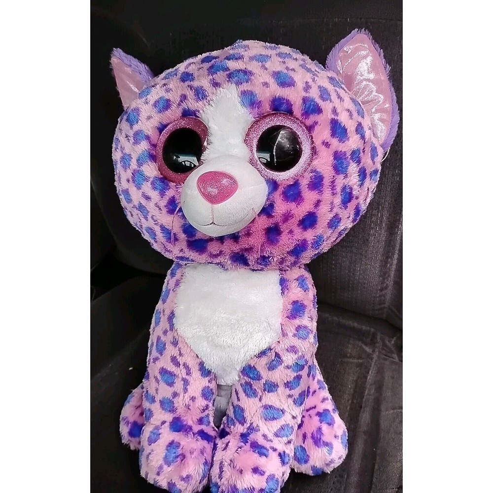 TY Reagan Leopard large Plush Pink & Purple Spotted 16 in Plushie Stuffed Animal